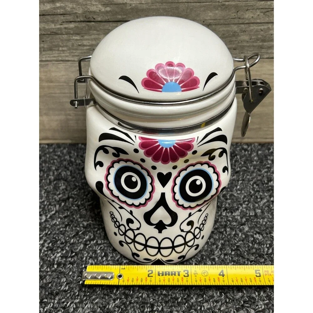 Day of the Dead Sugar Skull Ceramic Skull Ceramic Hinged Canister Cookie Jar Set